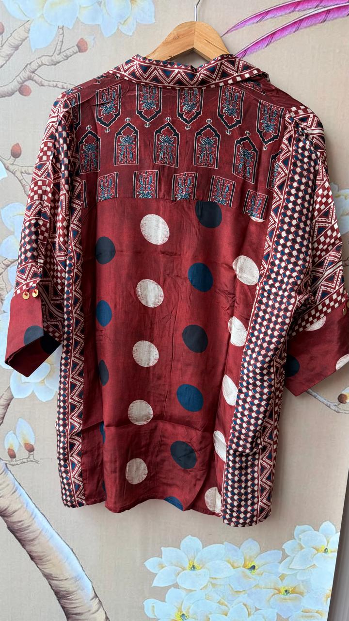 Super pretty maroon ajrakh crepe silk shirt
