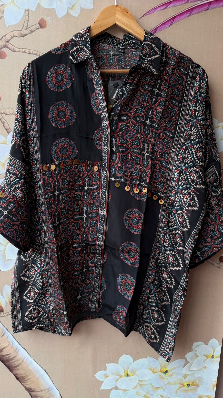 Super pretty black ajrakh crepe silk shirt with coin detailing