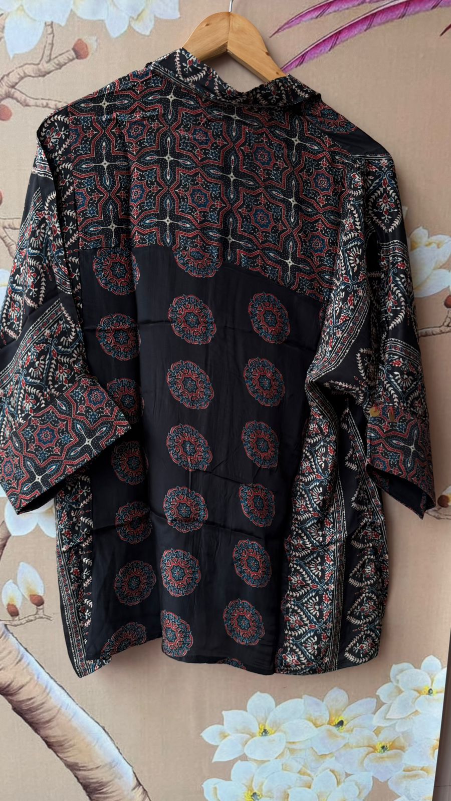 Super pretty black ajrakh crepe silk shirt with coin detailing