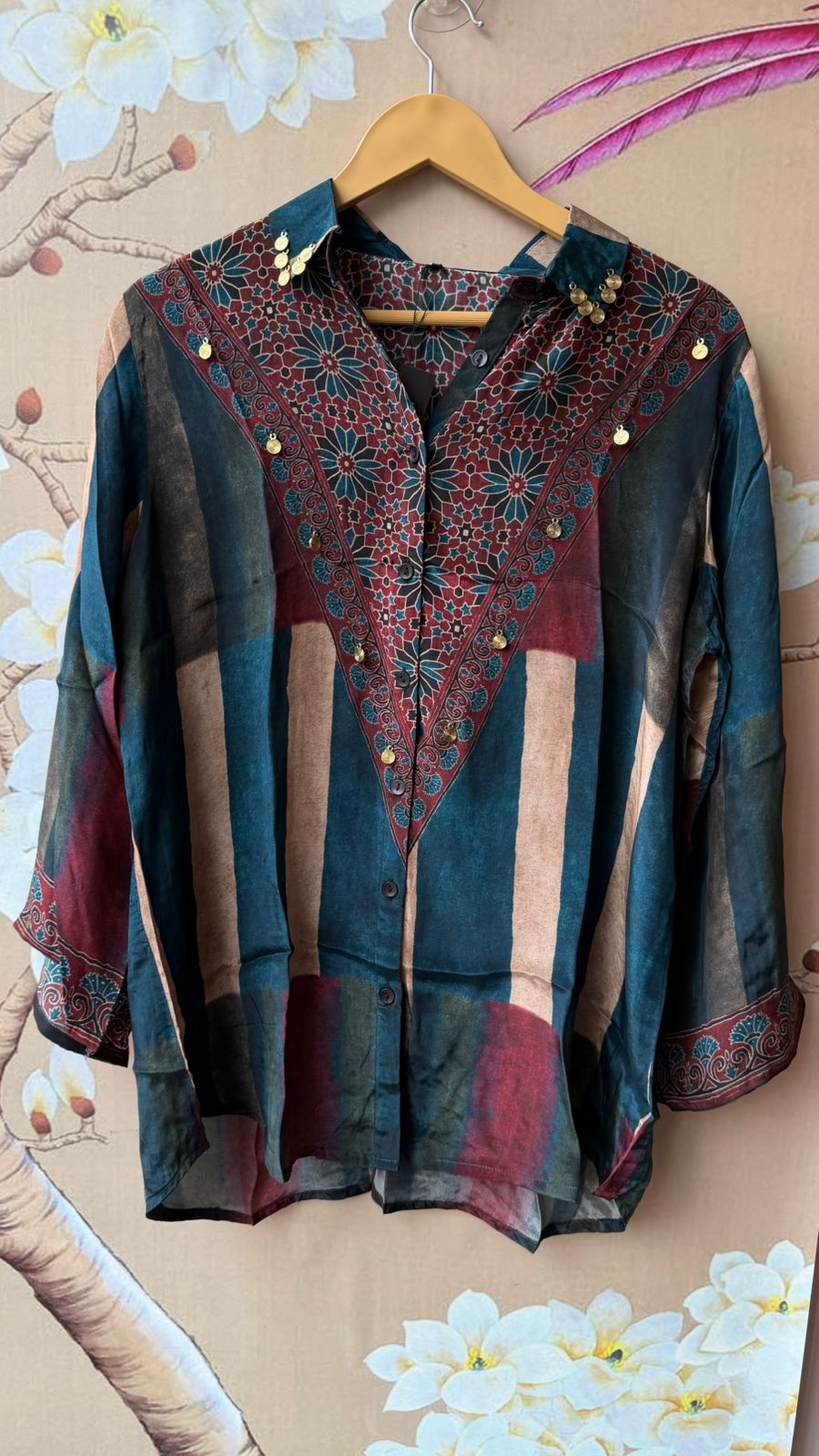 Viral crepe silk shirt with coin detailing in blue
