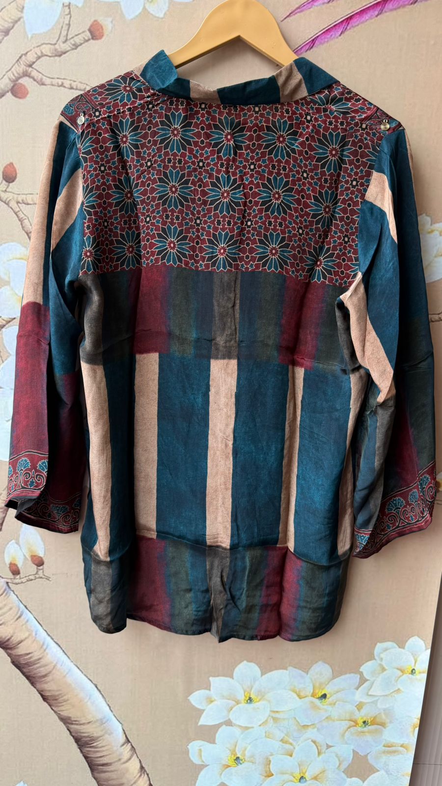 Viral crepe silk shirt with coin detailing in blue