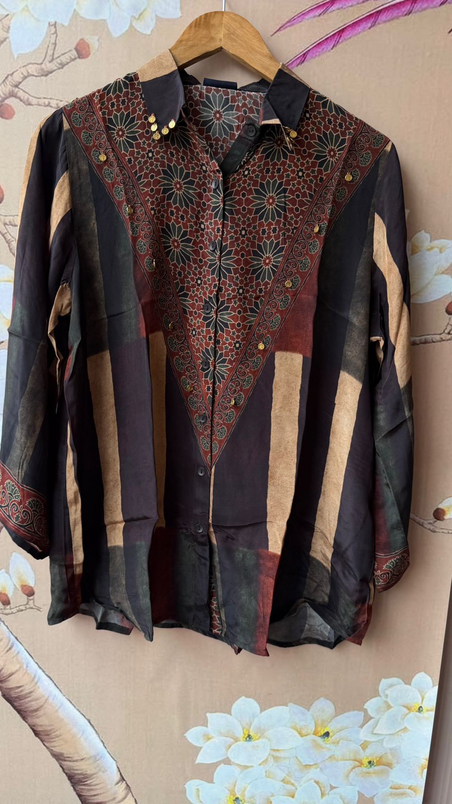 Viral crepe silk shirt with coin detailing in green