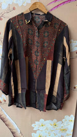 Viral crepe silk shirt with coin detailing in green