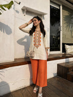 Mul chanderi with lining fully embroidered co ord in orange