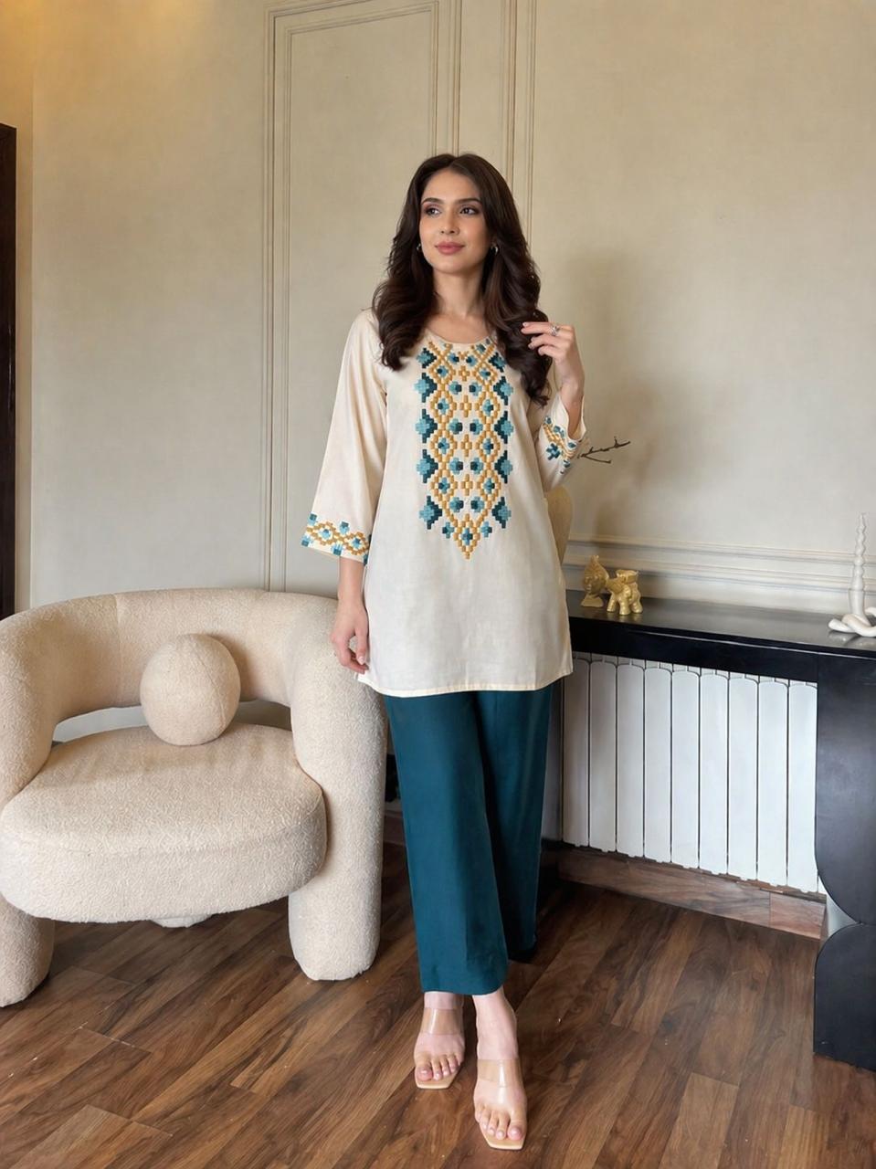 Mul chanderi with lining fully embroidered co ord in blue