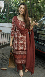 Dabbu cotton original hand block suit set with detailing on hem part in new brown and orange colour