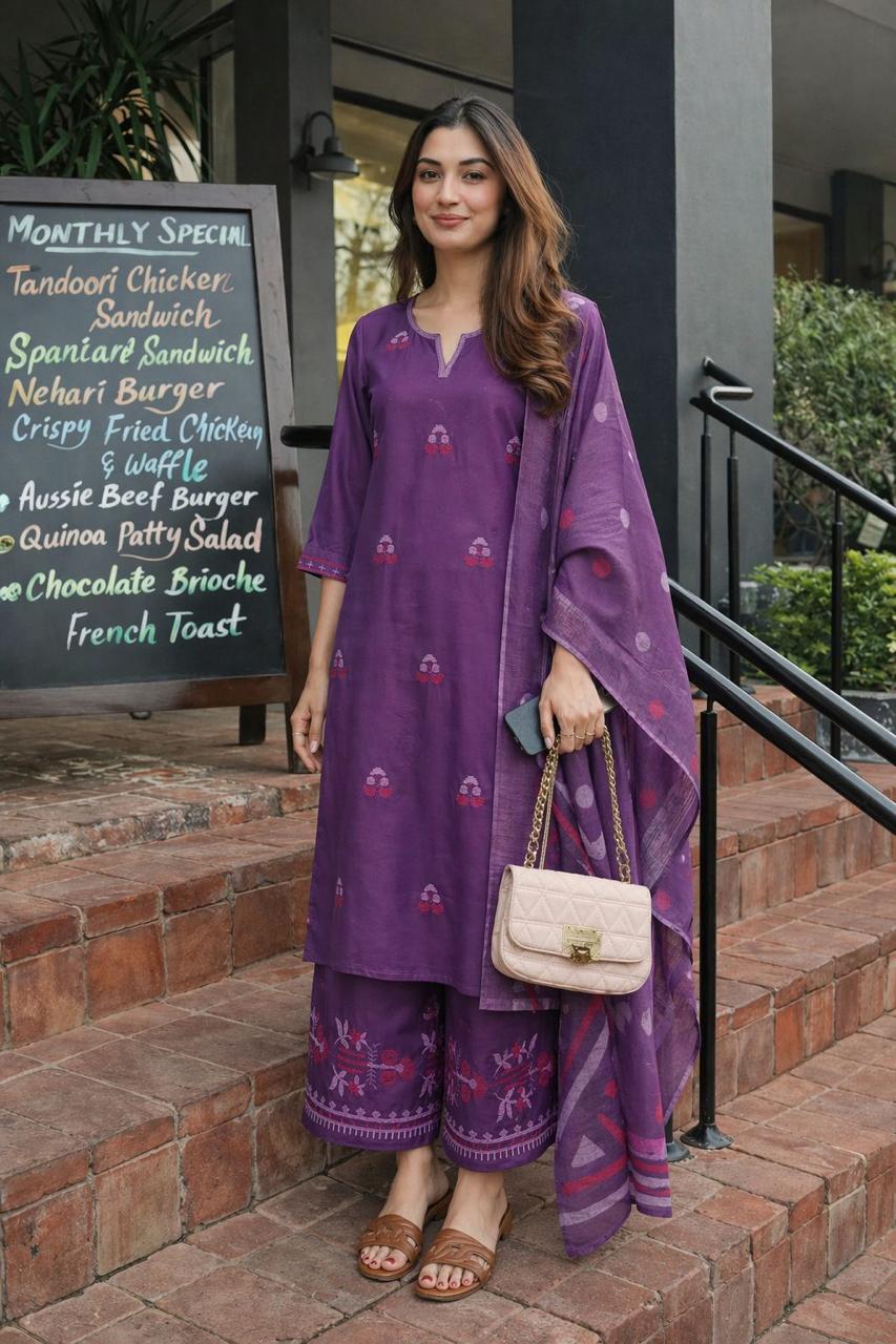 Pretty pretty embroidered cotton plazzo suit set in purple