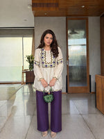 Mul chanderi with lining fully embroidered co ord in purple