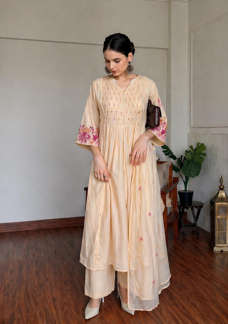 Premium cotton with pintux detailing and embroidery on sleeves and dupatta