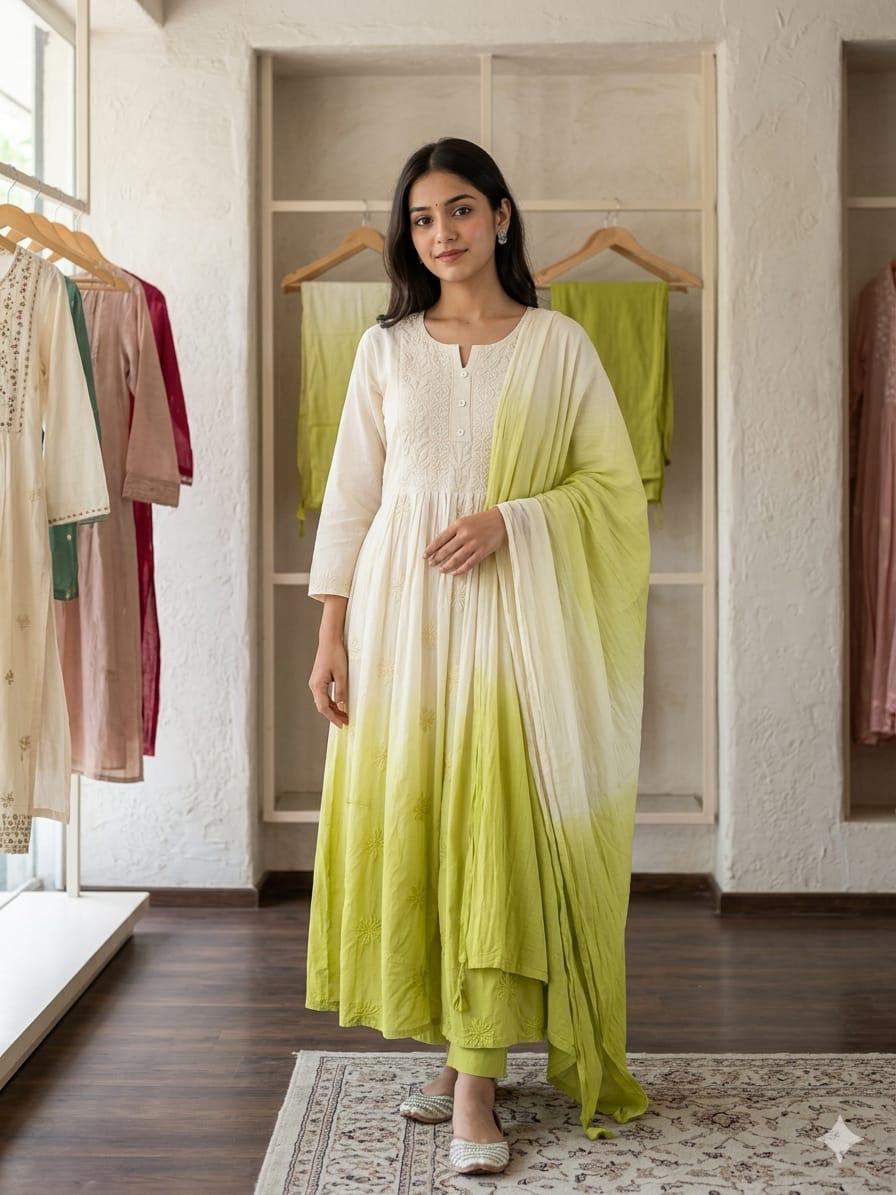 Premium cotton chikankari full suit in green