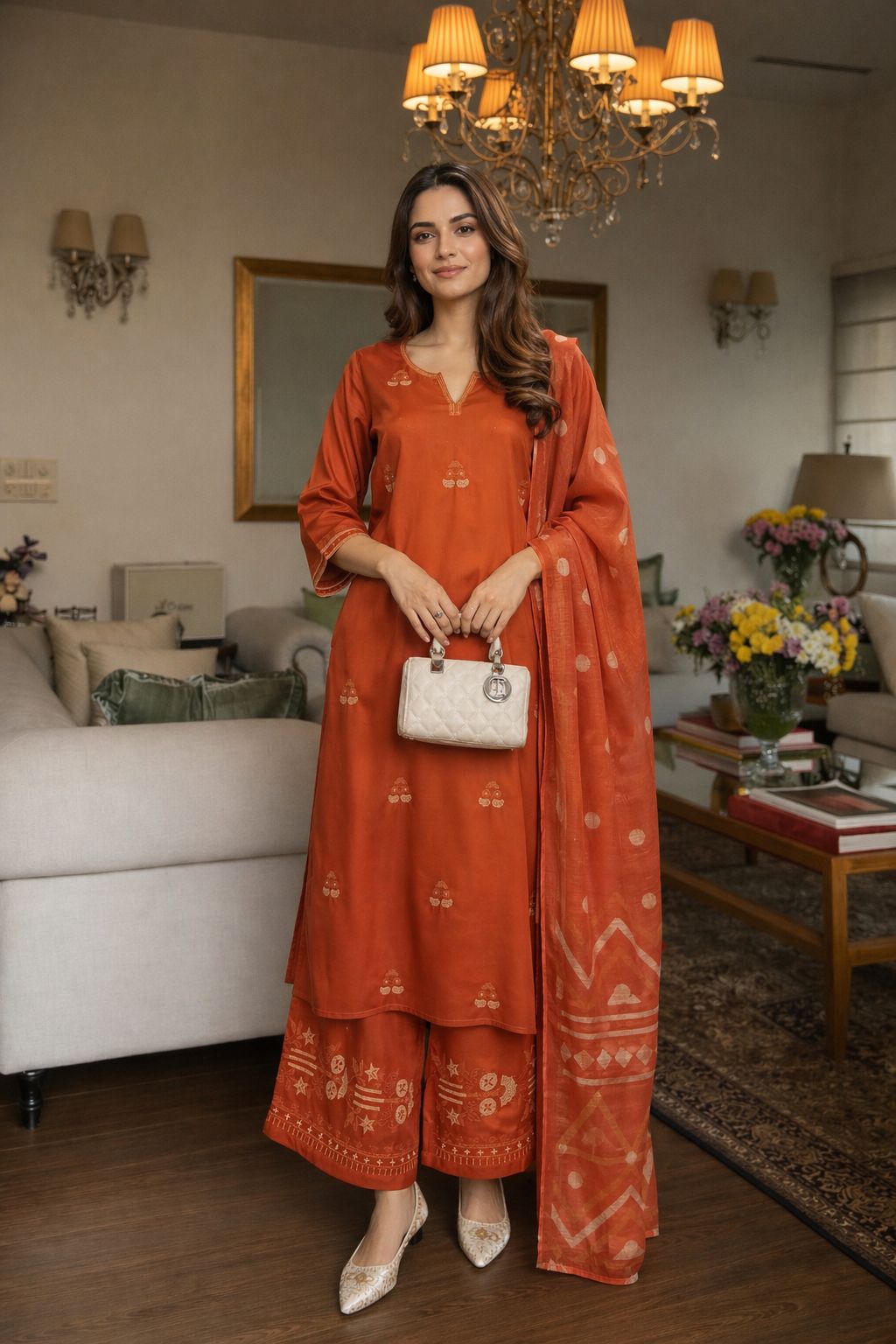 Pretty pretty embroidered cotton plazzo suit set in orange