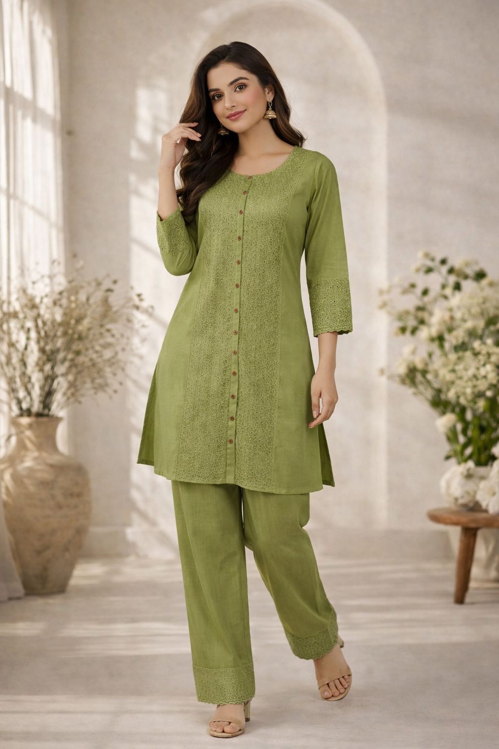 Premium cotton chikankari co ord in green