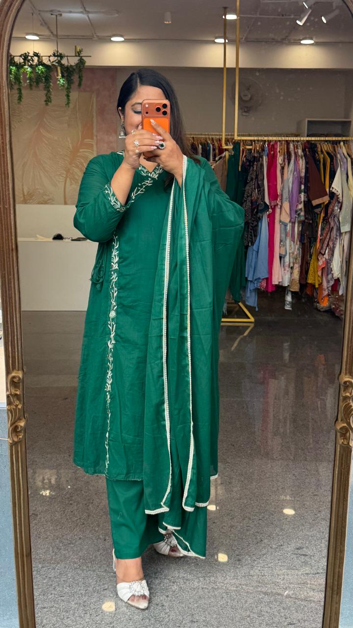 Super soft Mul cotton angrakha full suit set in green