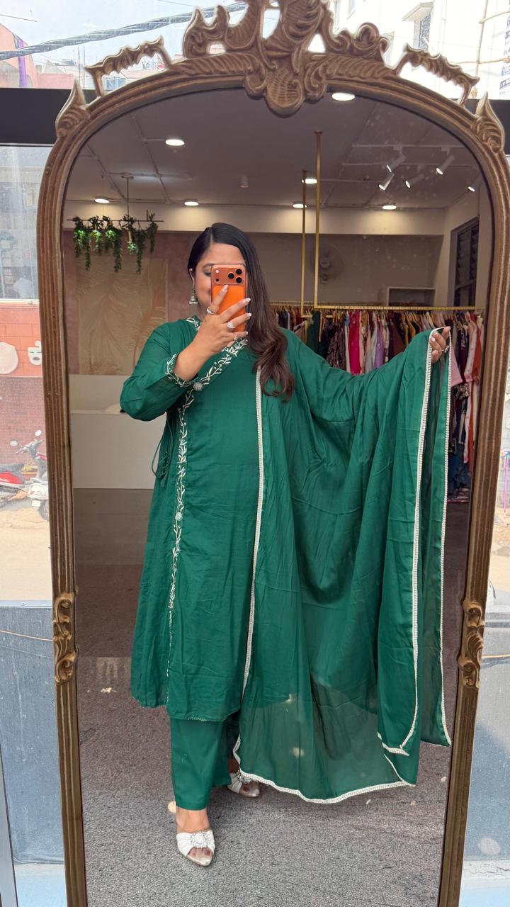 Super soft Mul cotton angrakha full suit set in green