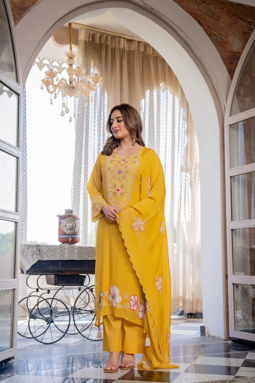 Super Pinteresty Mul Chanderi embroidered cotton suit set in yellow
