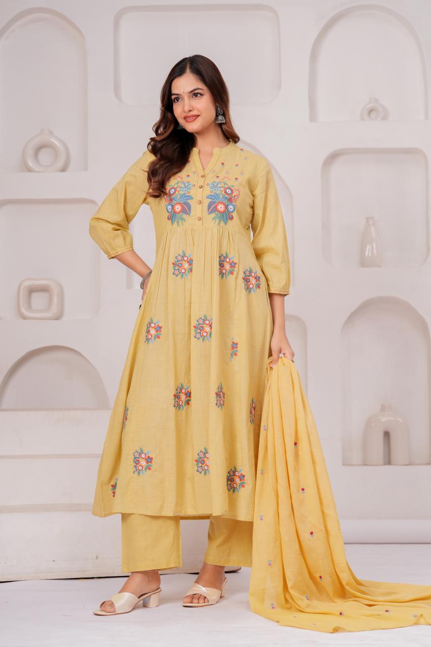 Pretty embroidered cotton suit setin yellow