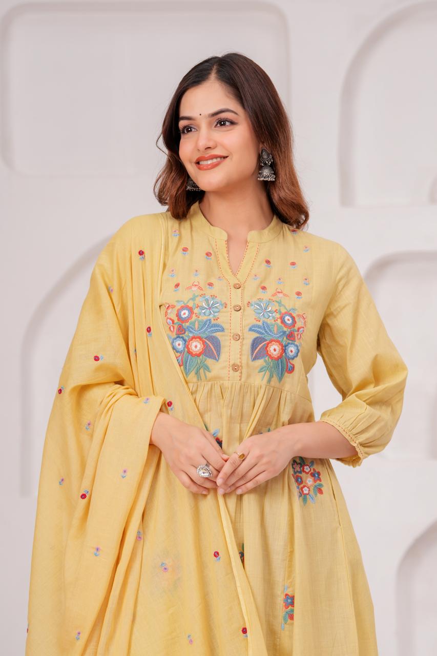 Pretty embroidered cotton suit setin yellow