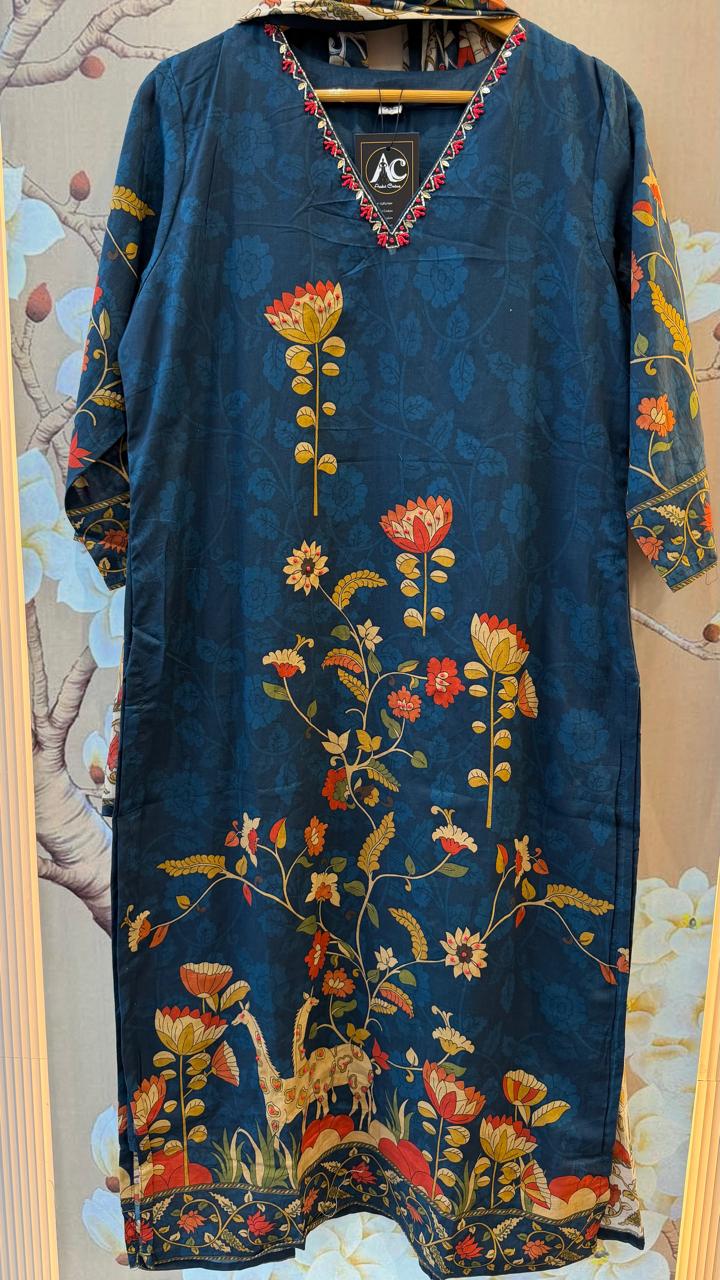 Pretty cotton Kalamkari suit set in blue