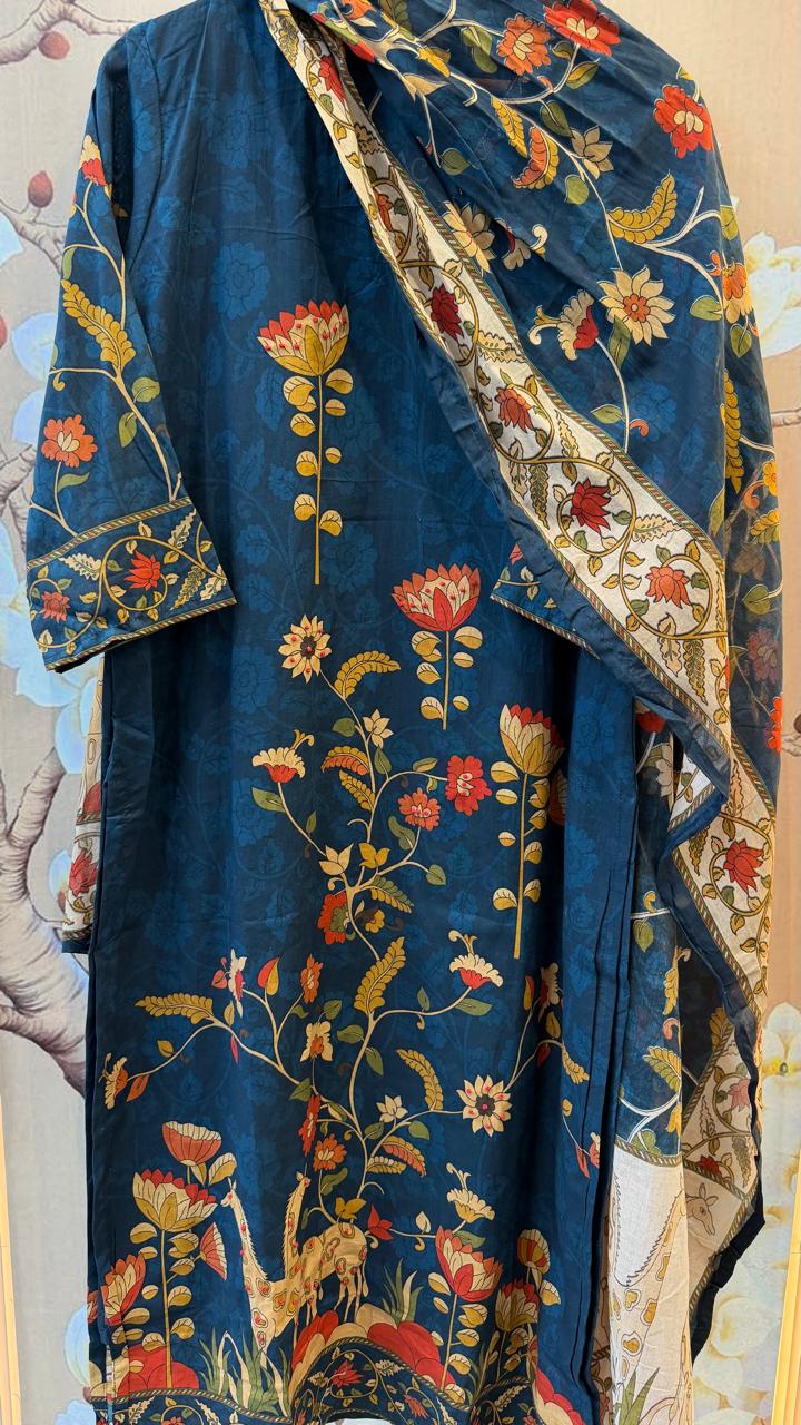 Pretty cotton Kalamkari suit set in blue