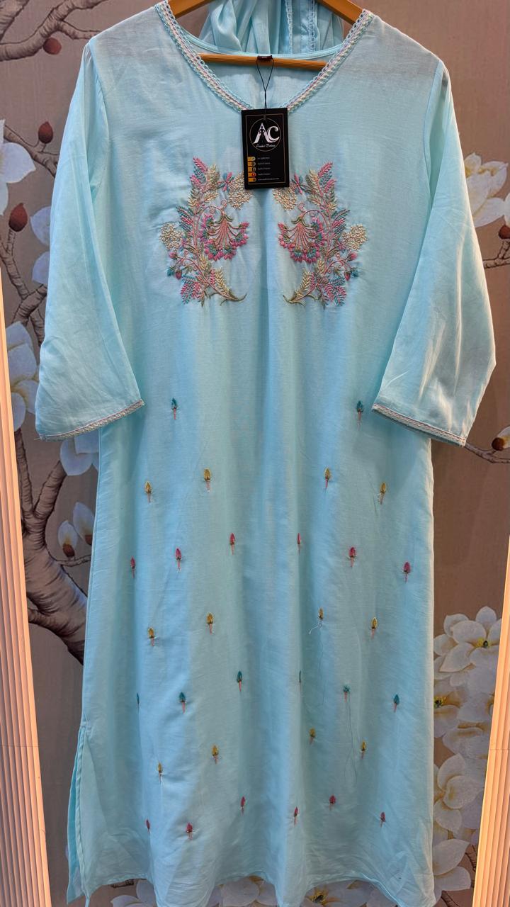Pure Mul cotton fully embroidered in ice blue
