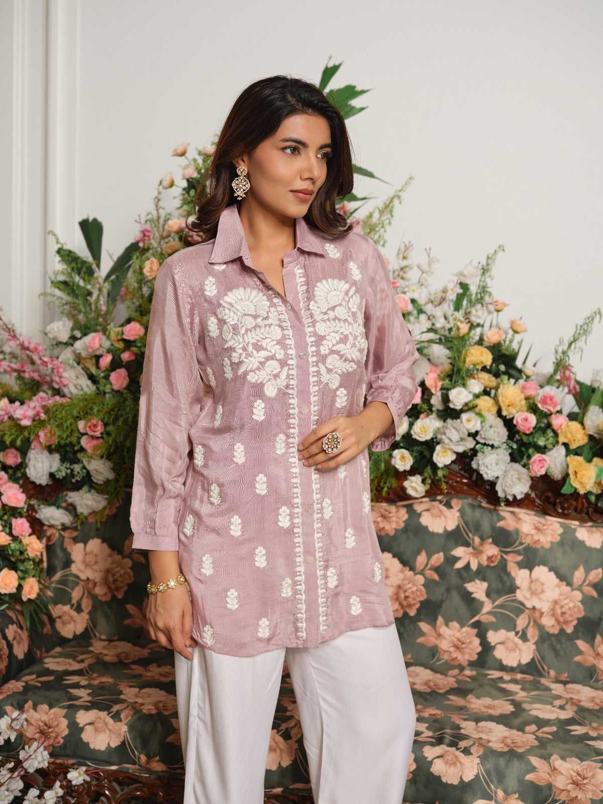 Pure softest muslin chikankari shirt in onion pink