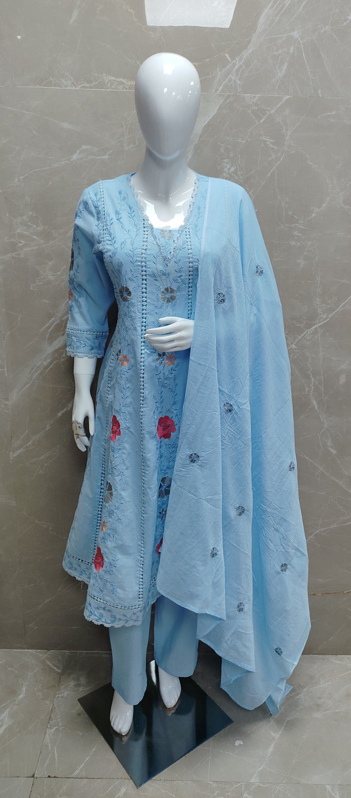 Fully embroidered and zari applique cotton suit set with lining in blue