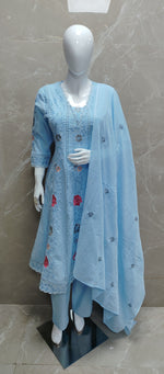 Fully embroidered and zari applique cotton suit set with lining in blue