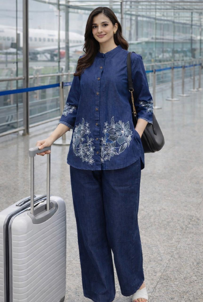 Soft denim embroidered co ord