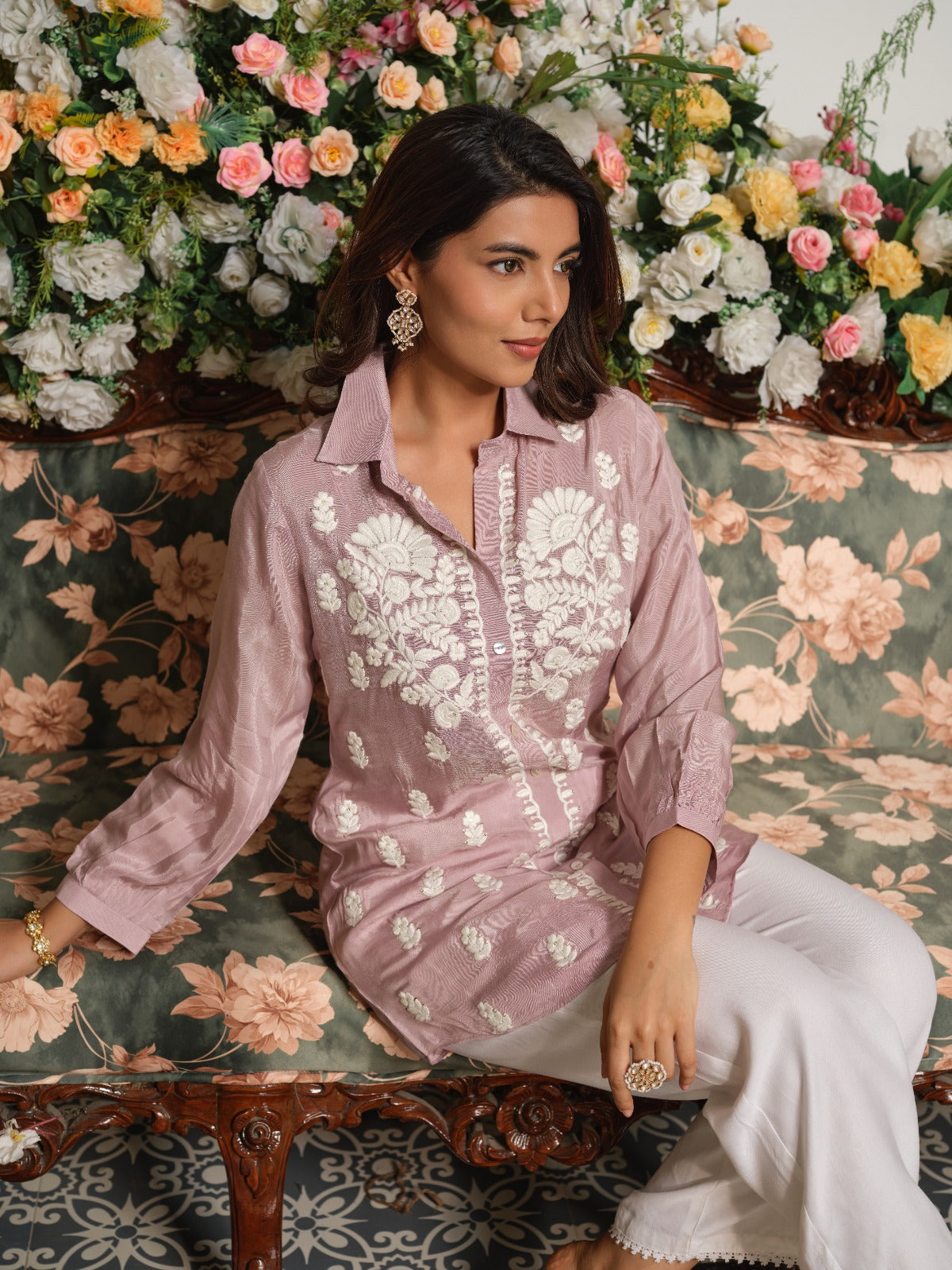 Pure softest muslin chikankari shirt in onion pink