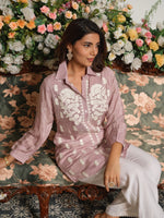 Pure softest muslin chikankari shirt in onion pink
