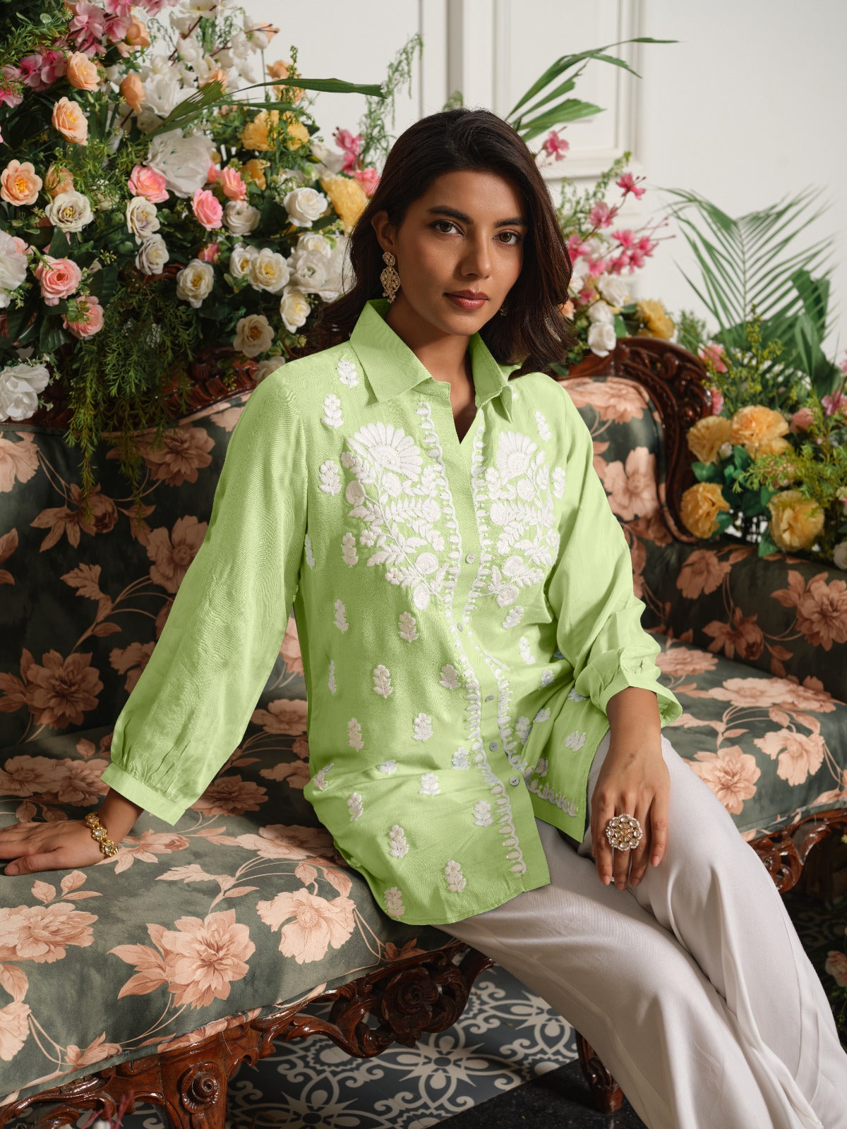 Pure softest muslin chikankari shirt in green