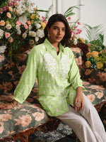 Pure softest muslin chikankari shirt in green
