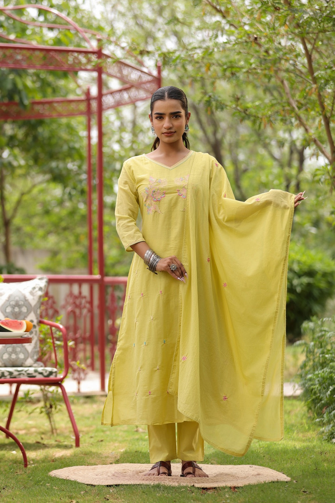 Pure Mul cotton fully embroidered in yellow