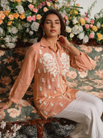 Pure softest muslin chikankari shirt in peach