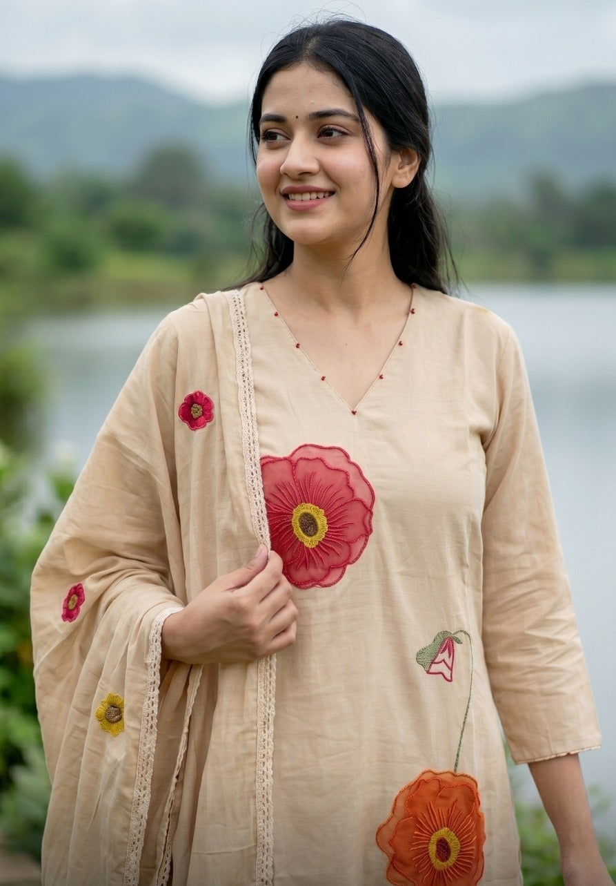Modal applique with lining suit set in almond