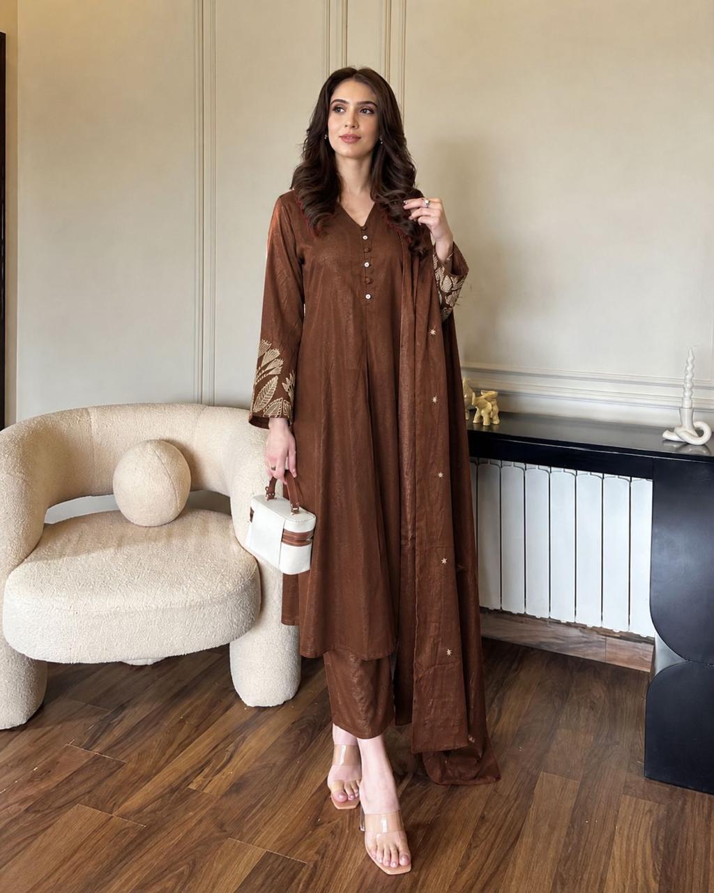 Super fine designer embroidered brown suit set