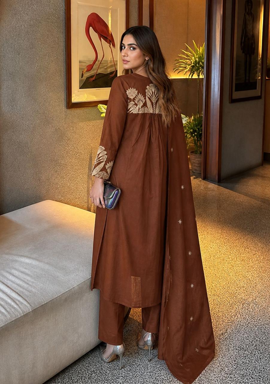 Super fine designer embroidered brown suit set