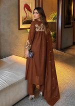 Super fine designer embroidered brown suit set