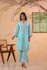 Super pretty Mul cotton embroidered co ord in blue