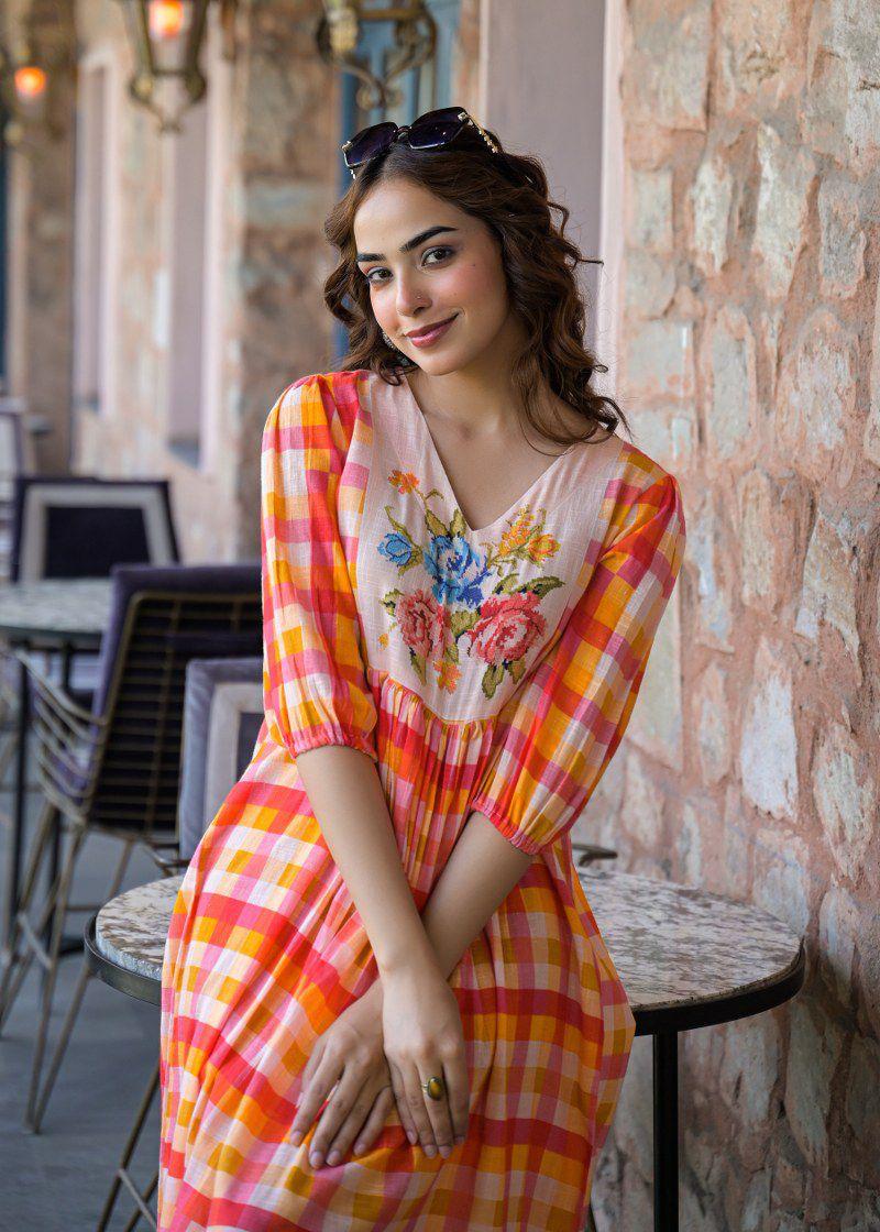 Pure Mul cotton chequered one piece in orange