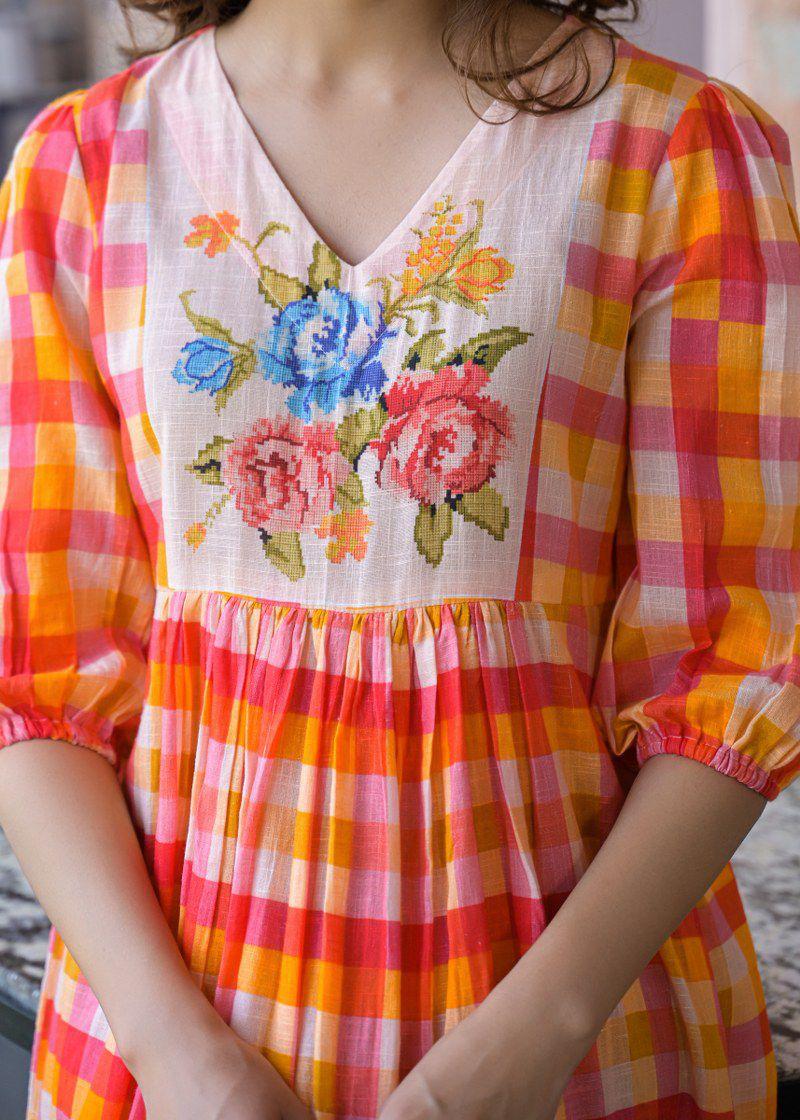Pure Mul cotton chequered one piece in orange