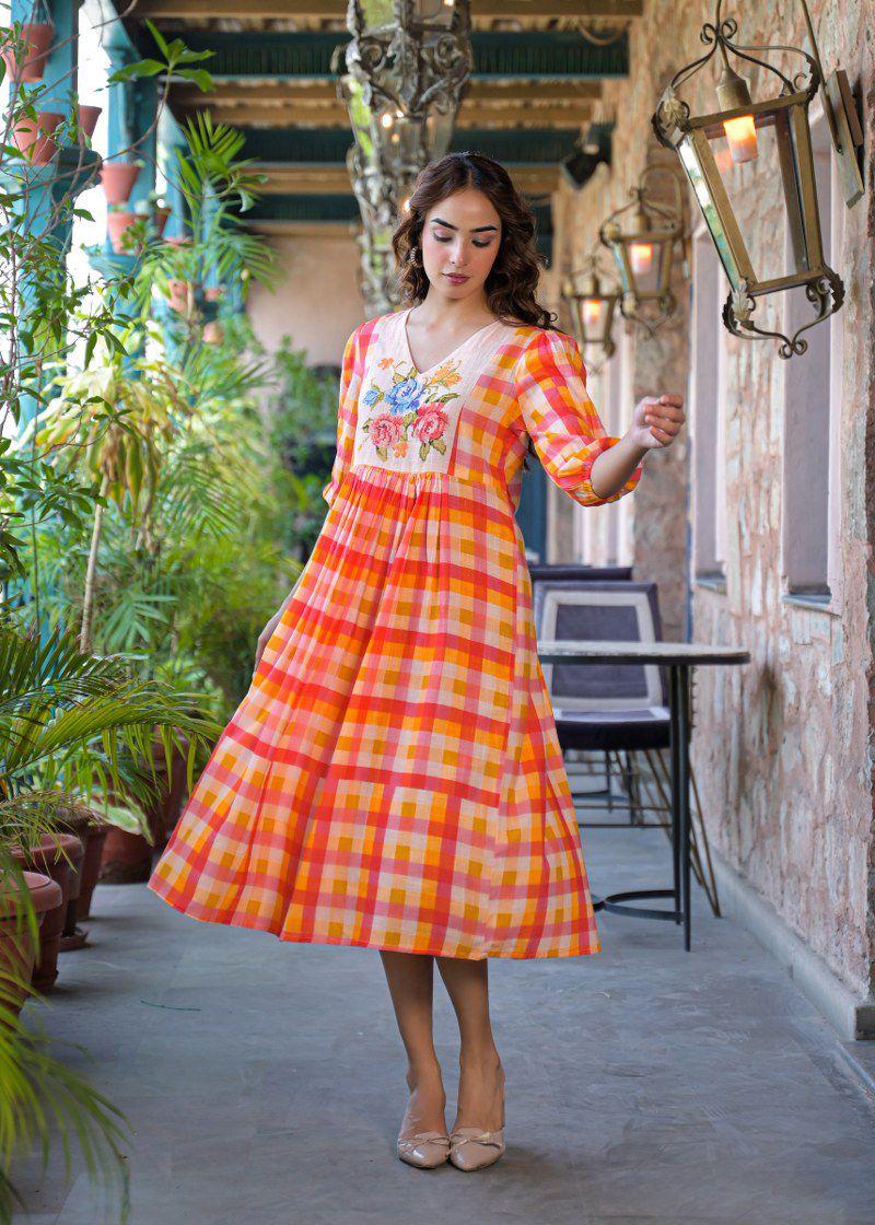 Pure Mul cotton chequered one piece in orange