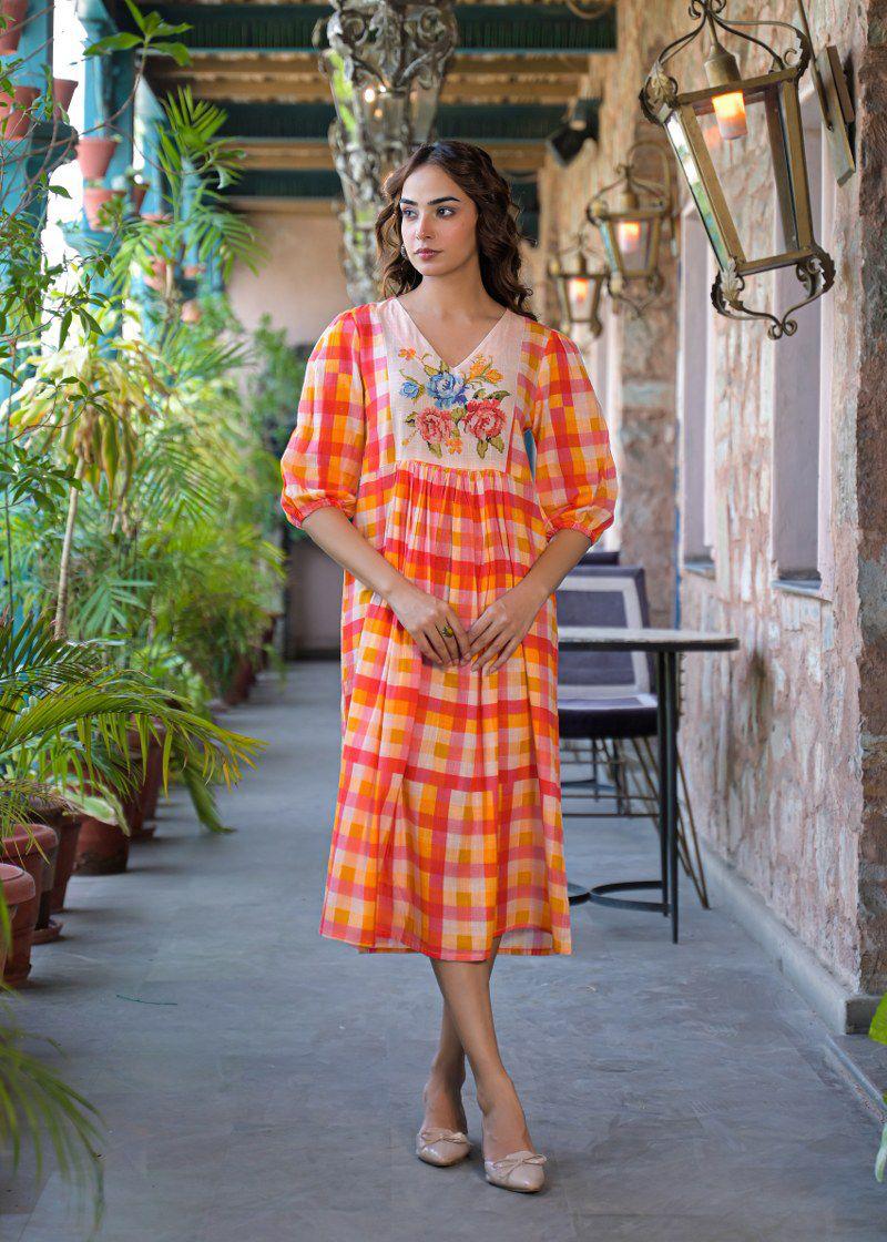 Pure Mul cotton chequered one piece in orange