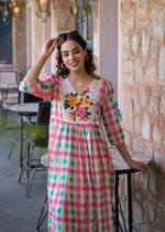 Pure Mul cotton chequered one piece in pink