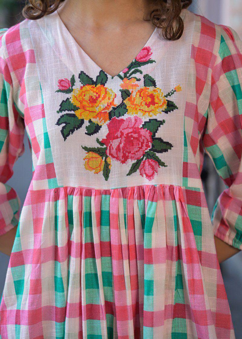 Pure Mul cotton chequered one piece in pink