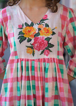 Pure Mul cotton chequered one piece in pink