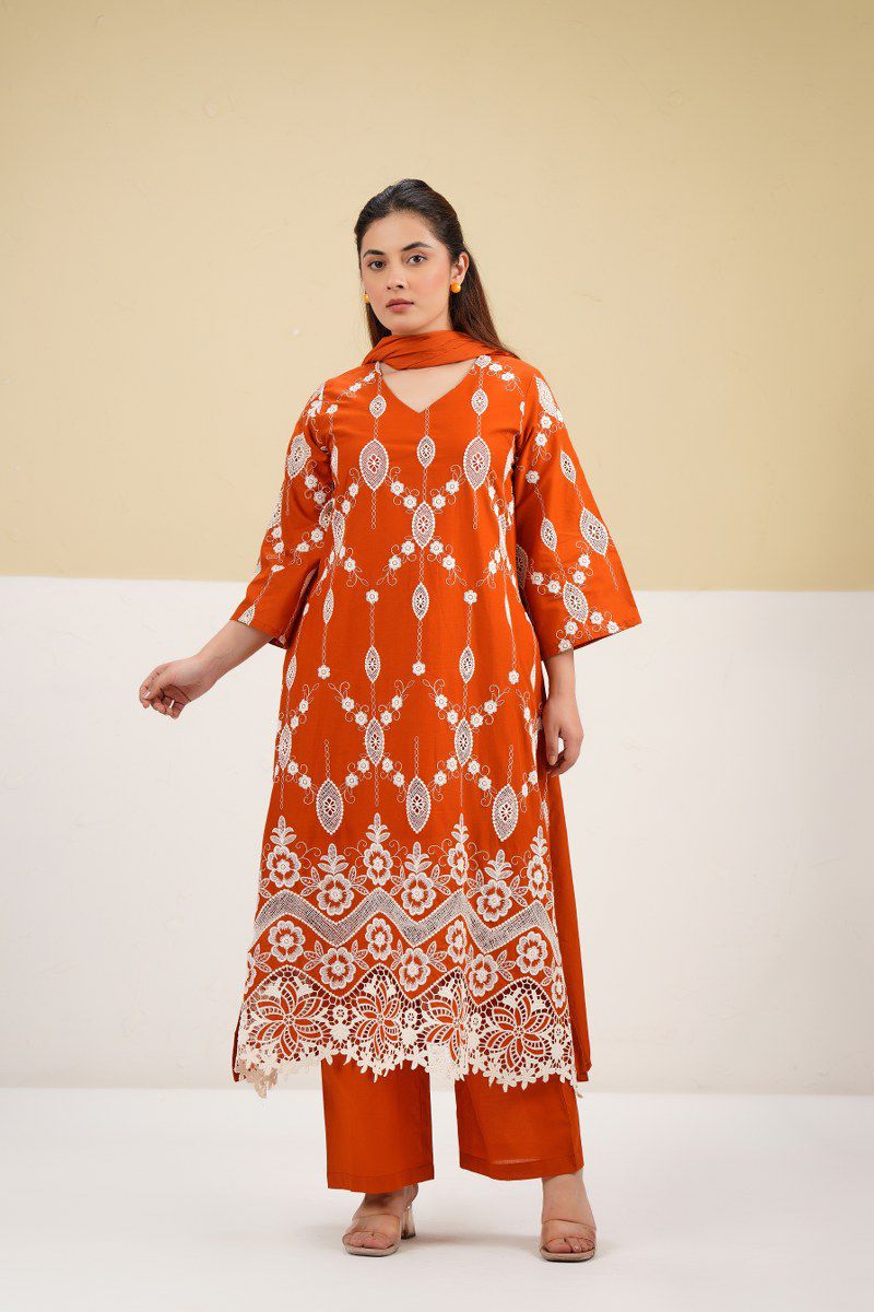Pretty cotton embroidered suit set in orange