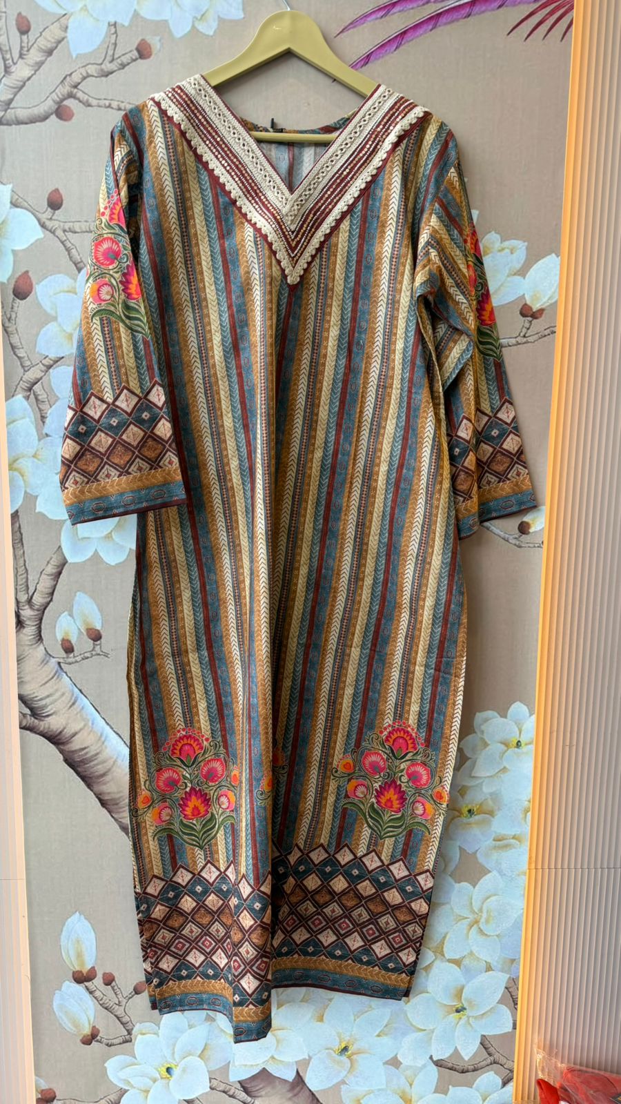 Premium cotton V neck stylish strips with floral full suit (ORGINAL PIC TAGED)