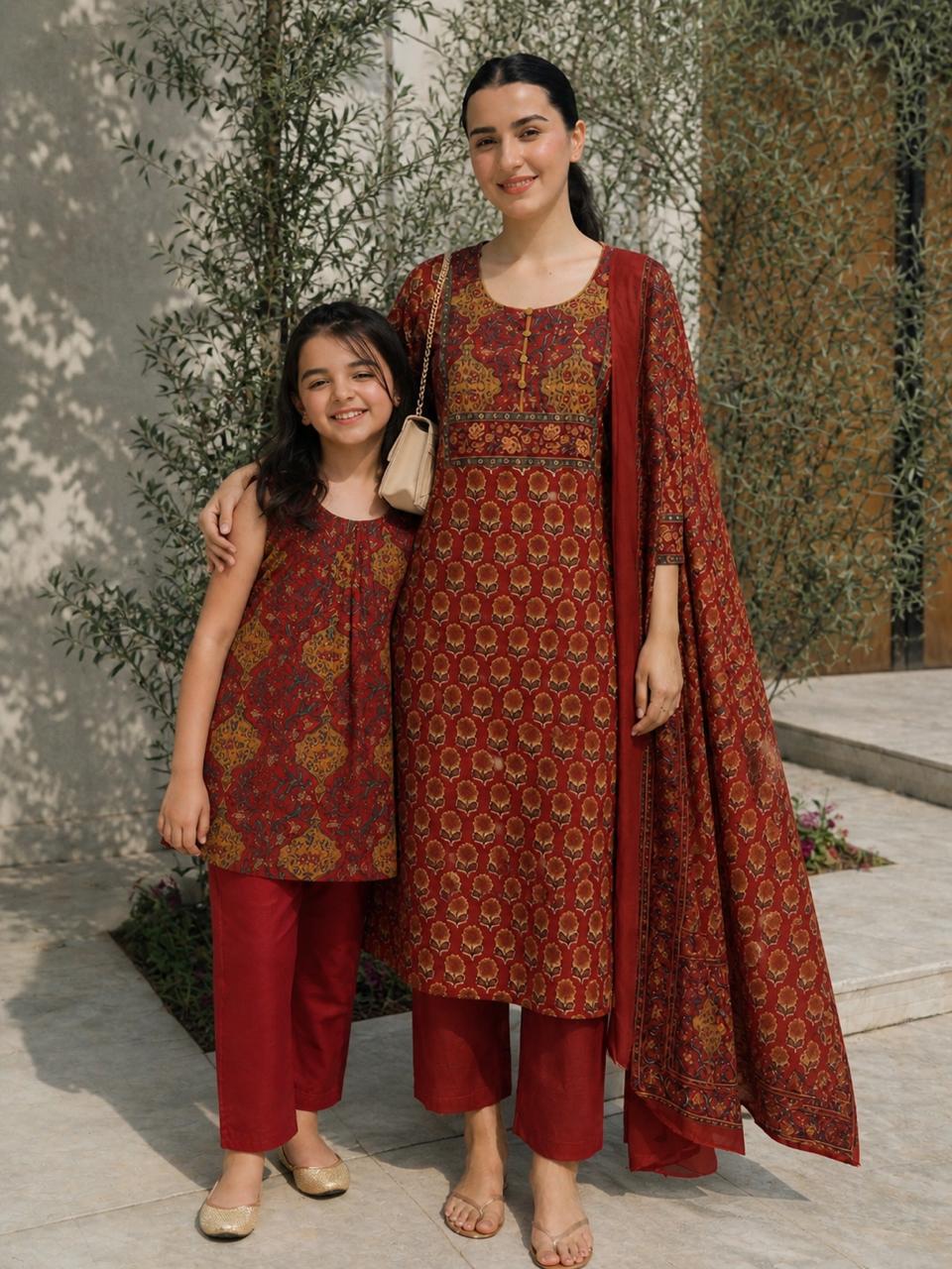 Cotton designer applique suit set mother in red