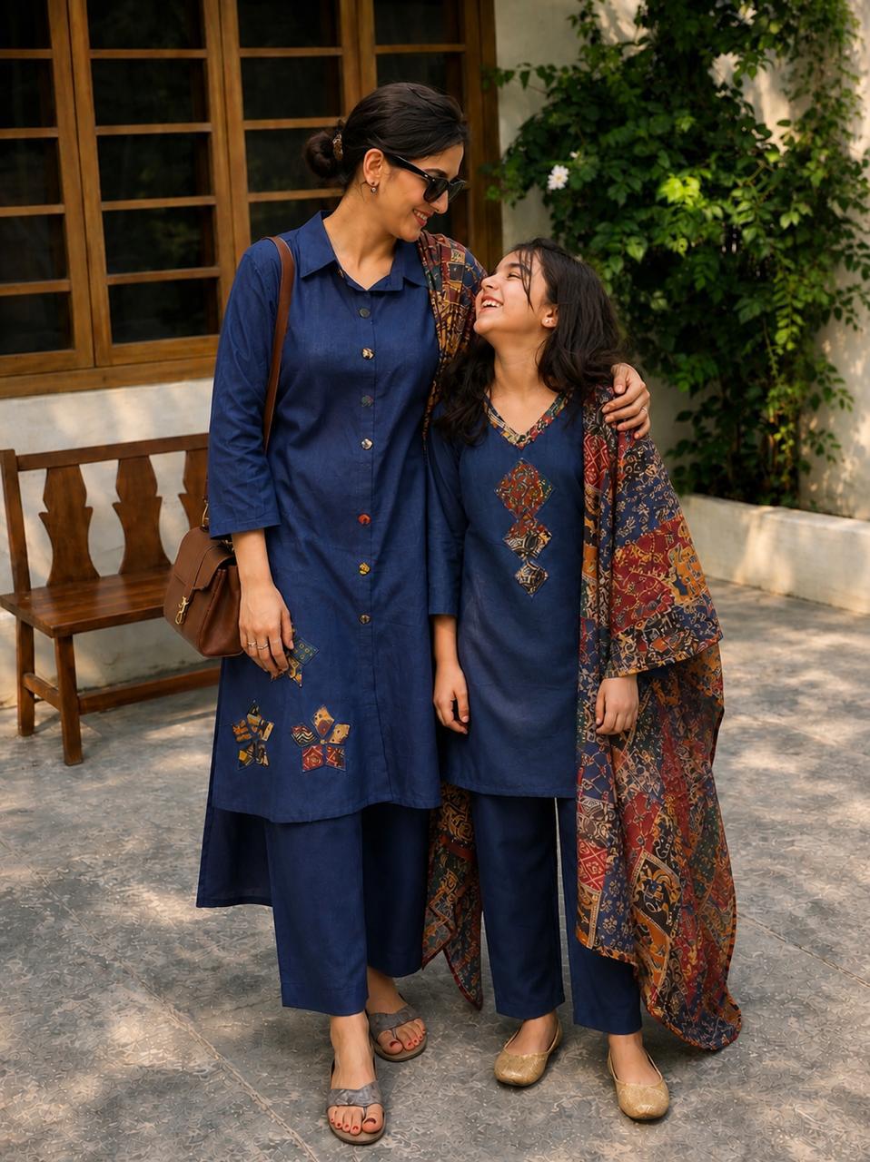Cotton designer applique suit set mother